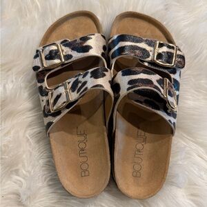 Leopard Print Sandals with Gold Buckles